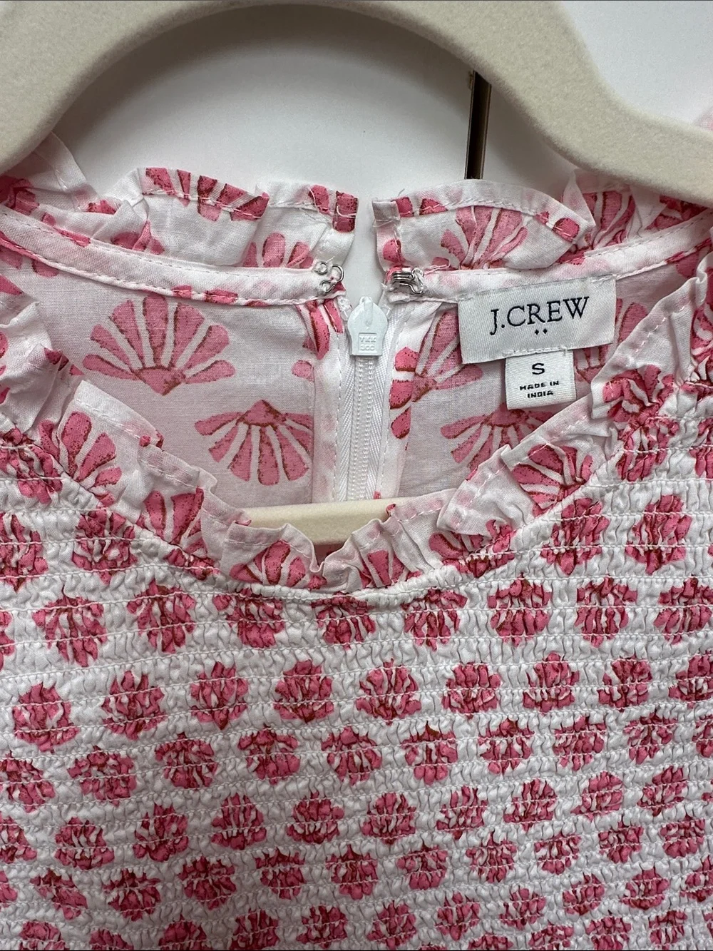 J. Crew Pink and White Printed Ruffle-Sleeve Dress